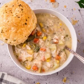 chicken pot pie soup in a bowl.