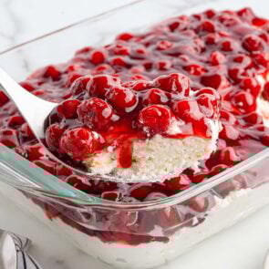 cherries in the snow inside casserole dish.
